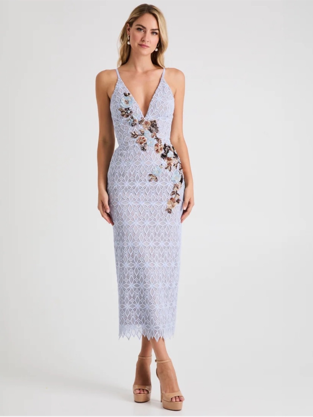 helsi martine blue lace deep v-neck 3d floral applique midi dress size XS NEW
